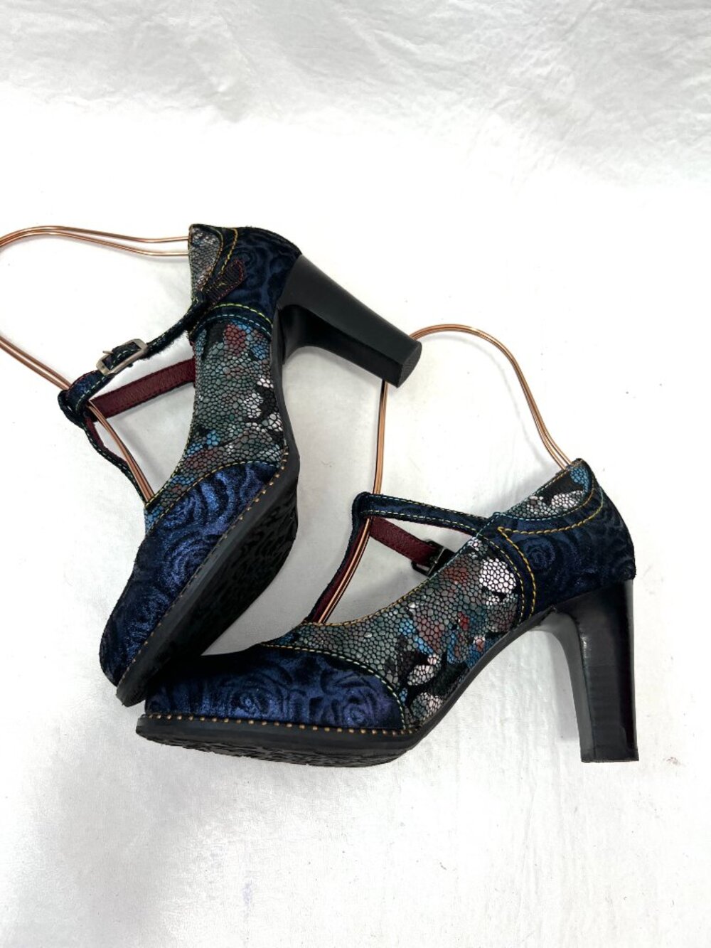 L'Artiste pumps high heels 36 6 womens Mazie navy blue floral metallic t bar - Picture 6 of 11